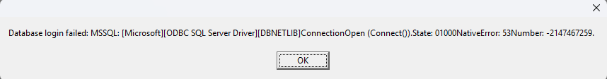 Database login failed: MSSQL DBNETLIB ConnectionOpen Connect