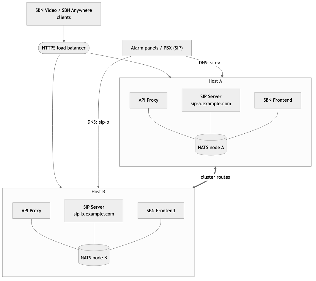 API Proxy behind an HTTPS load balancer, SIP servers reached directly by DNS name, across two clustered hosts