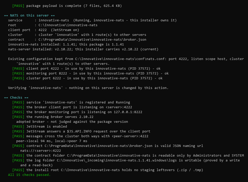 innovative-nats installer checks ending with All 15 checks passed