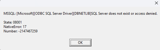 MSSQL DBNETLIB SQL Server does not exist or access denied (State 08001, NativeError 17)