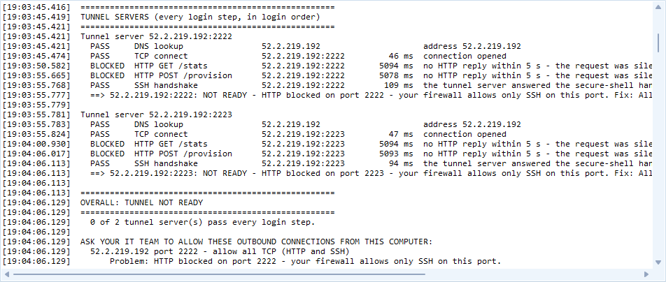 Diagnostics output naming the host and port where HTTP is blocked
