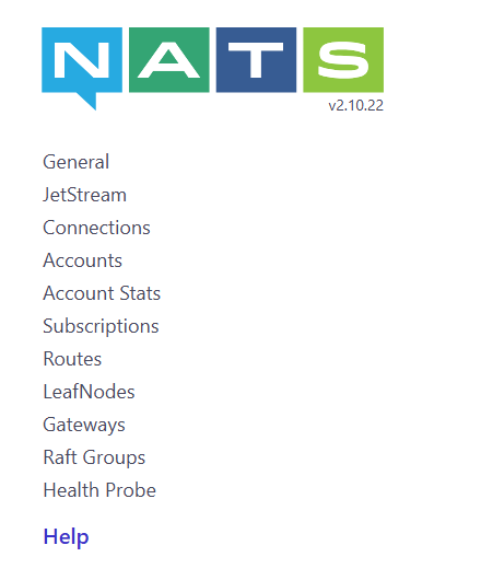 NATS status page listing General, JetStream, Connections, Routes and Health Probe