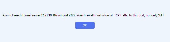 Message 18518 Cannot reach tunnel server