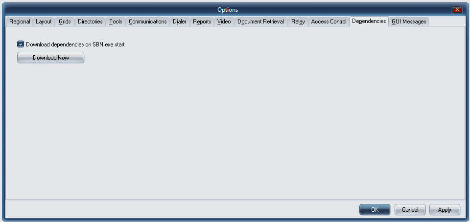Options dialog open to the Dependencies tab, showing the Download dependencies on SBN.exe start checkbox (checked) and the Download Now button