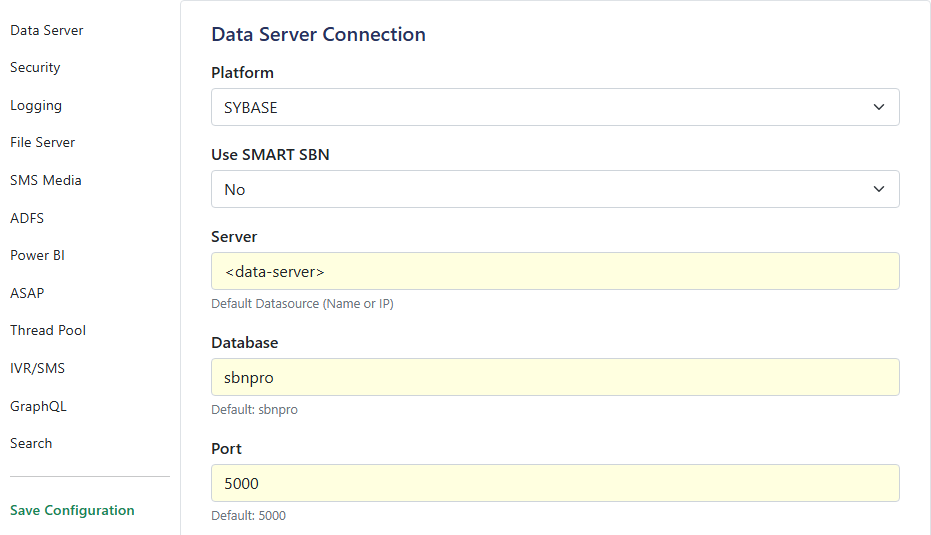 APIEngine Settings page with the section list and the Data Server Connection panel